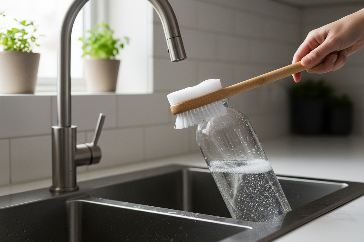 Bottle brush being used to clean a glass water bottle