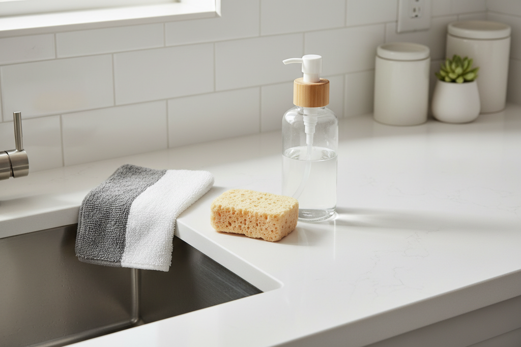 Scrubbing cloth displayed next to kitchen sink with soap