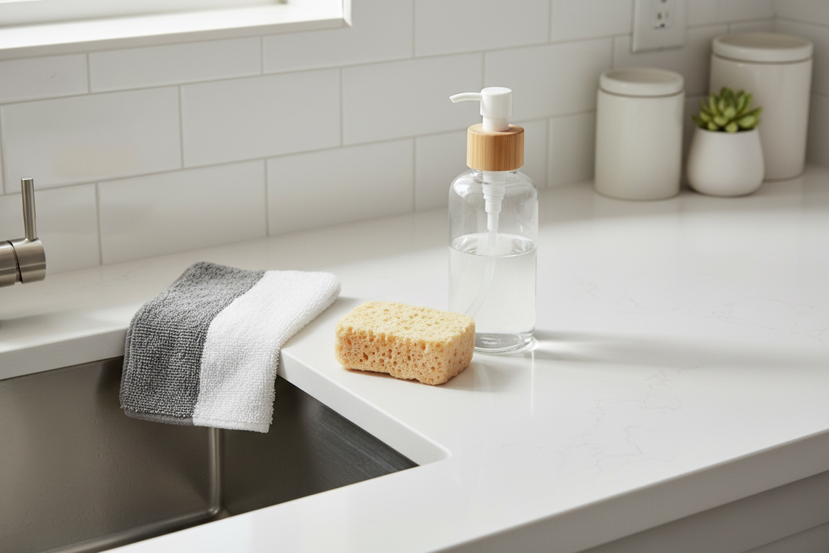 Scrubbing cloth displayed next to kitchen sink with soap