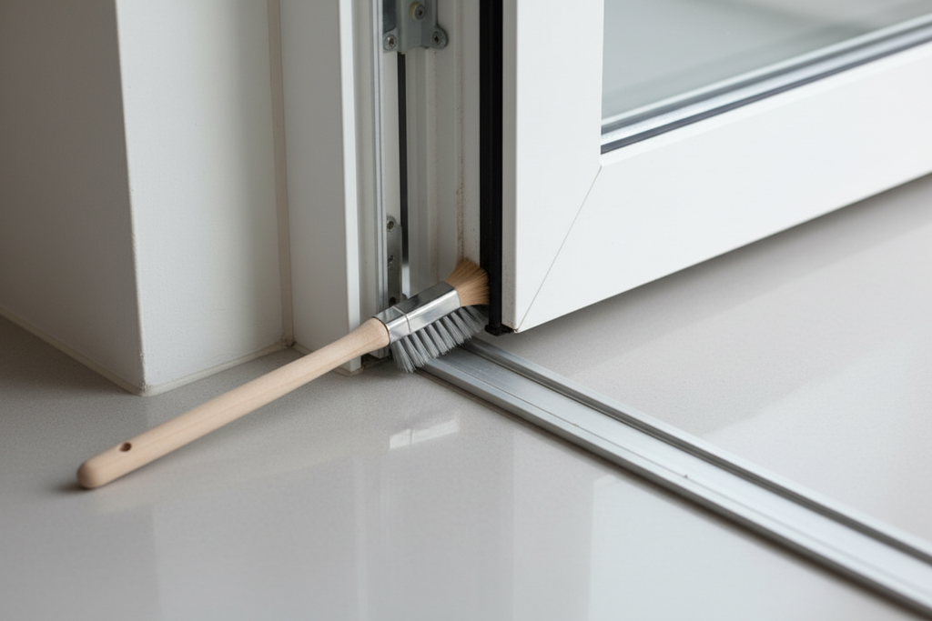 Narrow detail brush displayed next to window track and door seal