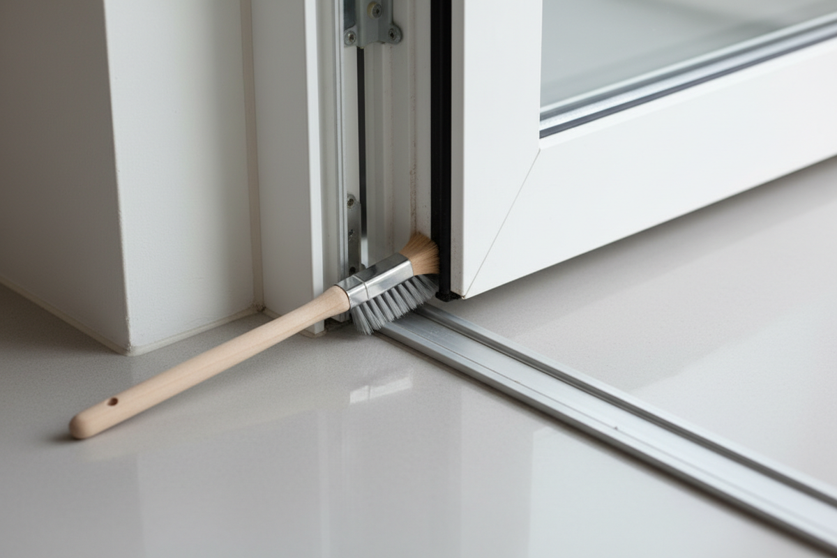 Narrow detail brush displayed next to window track and door seal