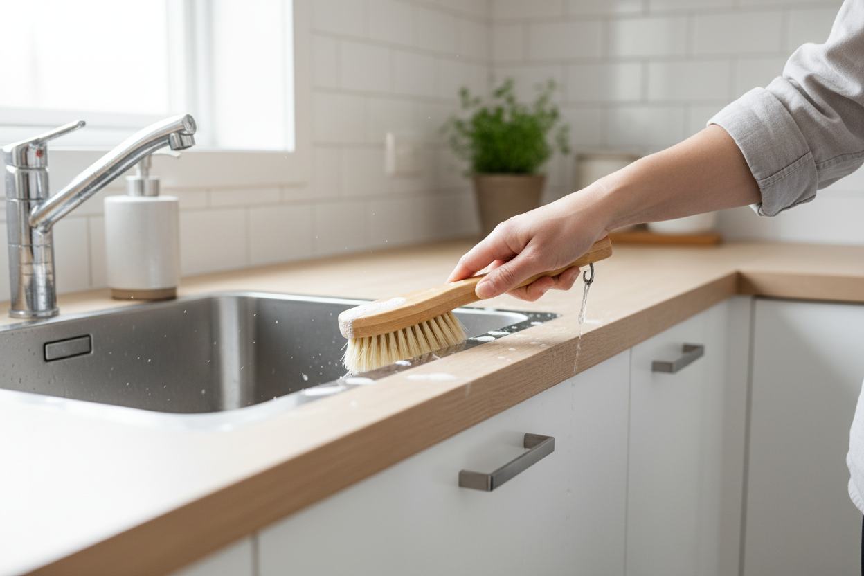 Cleaning brush being used to scrub kitchen sink