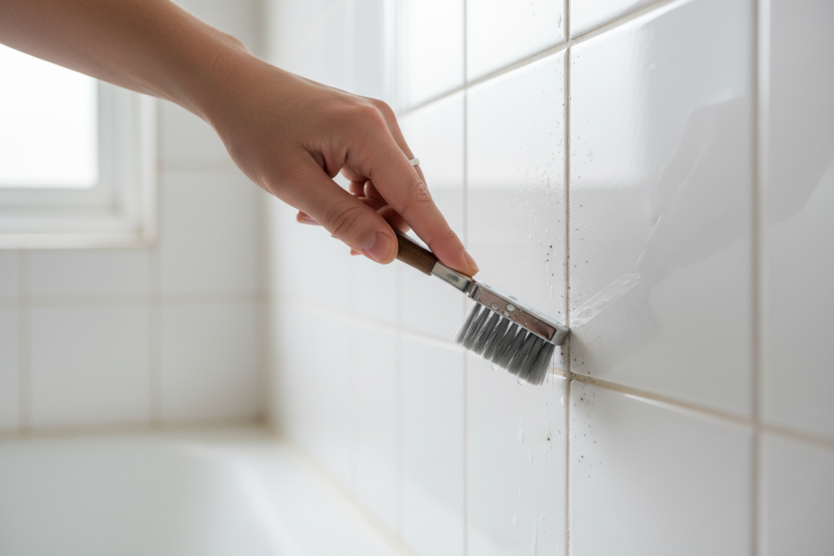 Grout brush scrubbing tile grout lines in bathroom