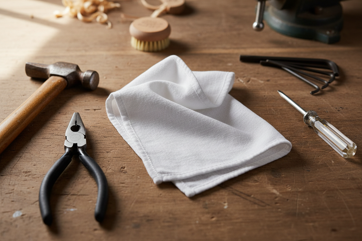 Cotton cleaning cloth on workshop bench with hand tools