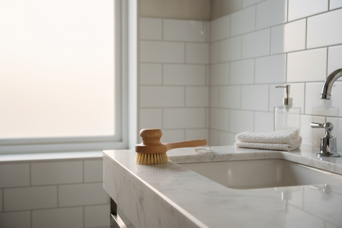 Cleaning brush displayed in bathroom setting