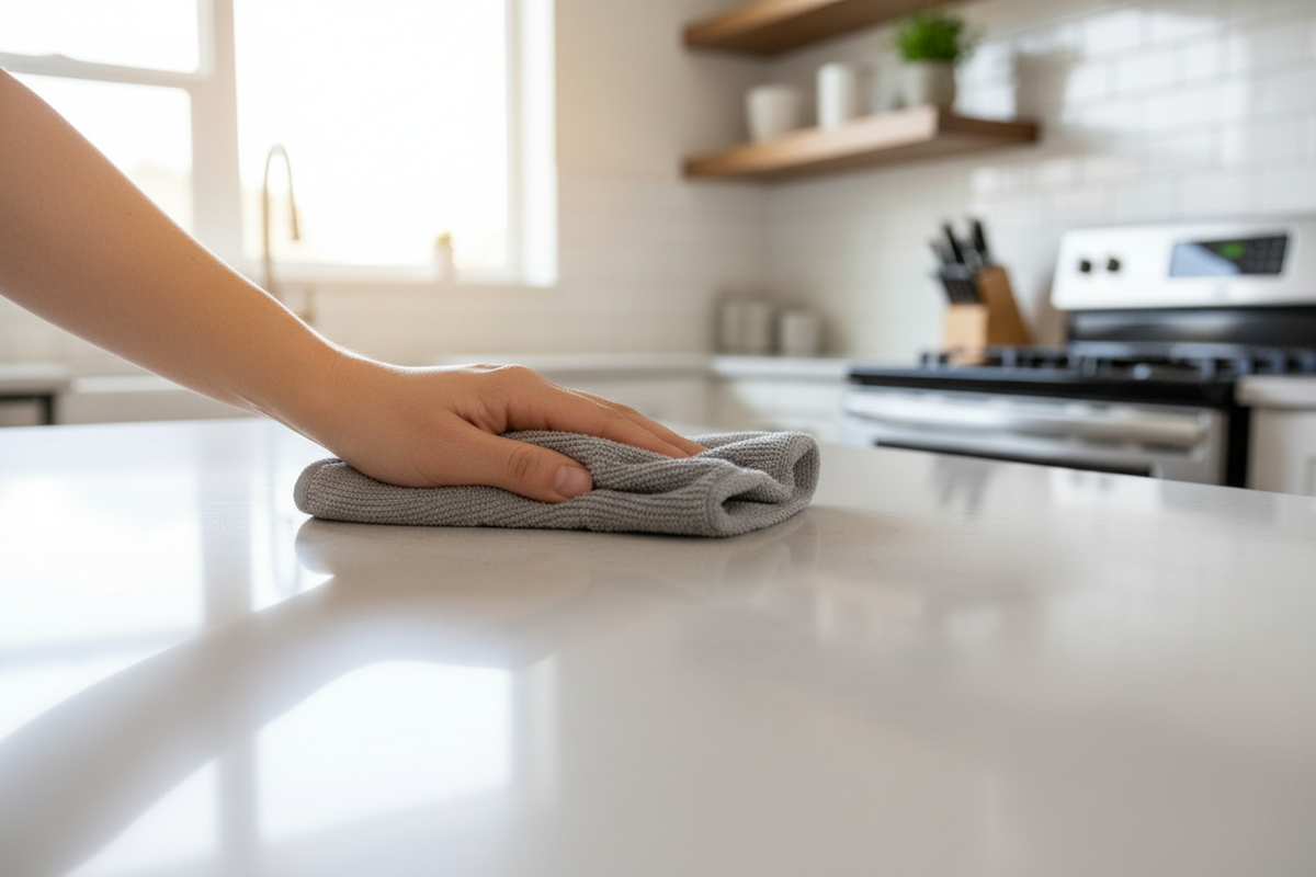 Hand wiping kitchen counter with microfiber cloth