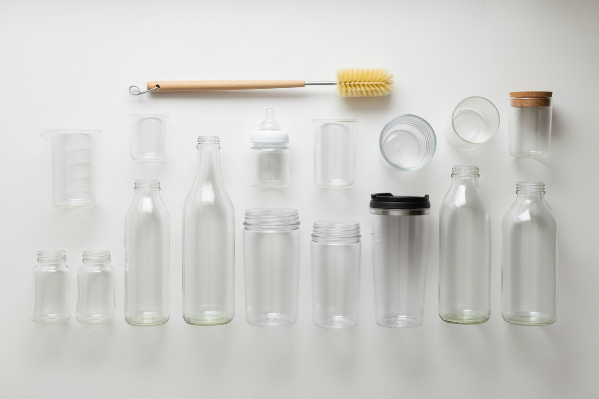 Bottle brush flat lay with bottles and cups on kitchen countertop