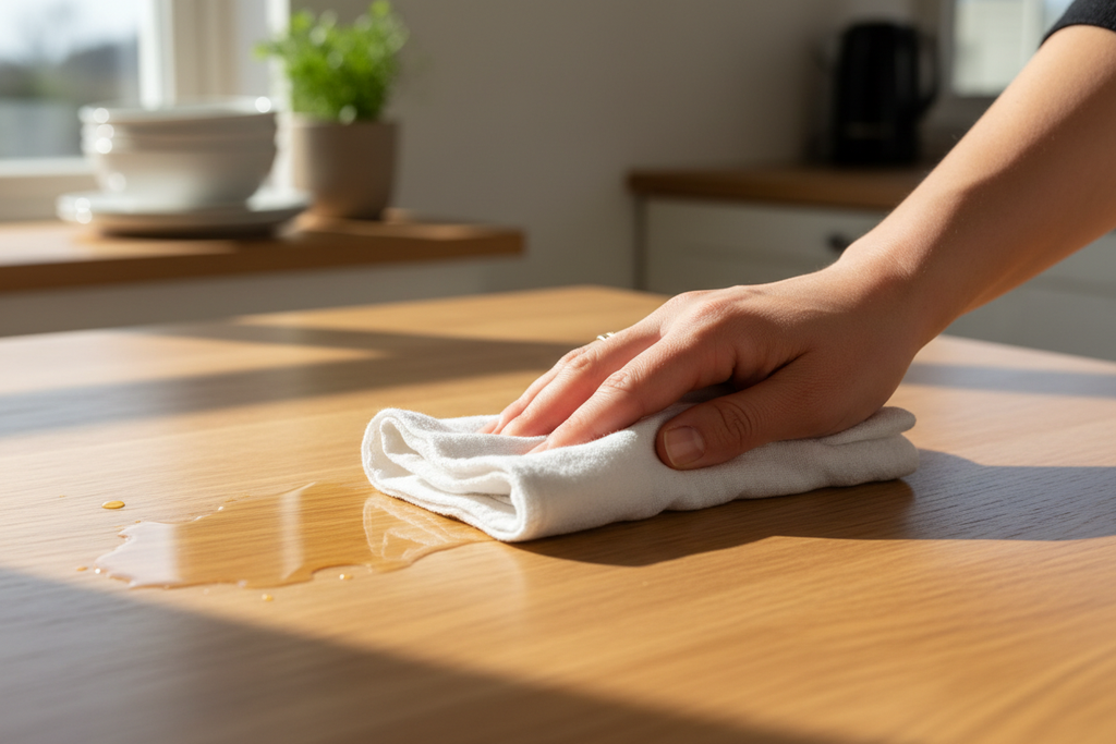 Hand using cotton cloth to wipe up spill on wooden table